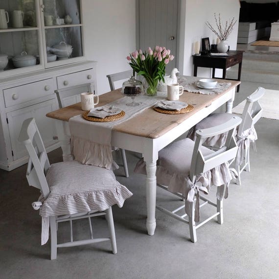 Chair Cover Ruffled Linen Set Of 6 Dining Covers Slipcover Regular Size Farmhouse Decor