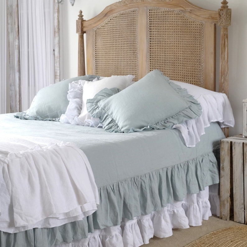 Linen Duvet Cover Ruffles Shabby Chic Bedding Image 0