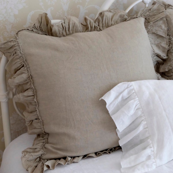 Ruffled Euro Sham, Linen Euro Sham, Bed Pillow Cover, Cushion Cover, Farmhouse Bedding and Shabby Chic Style NATURAL