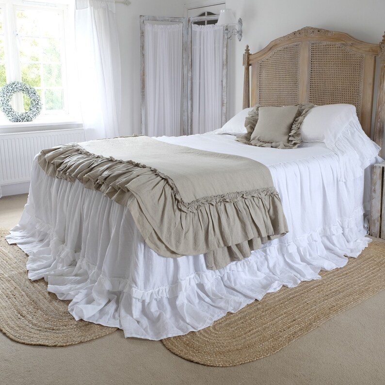 Linen Bedspread Ruffled Coverlet Shabby Chic Farmhouse Etsy