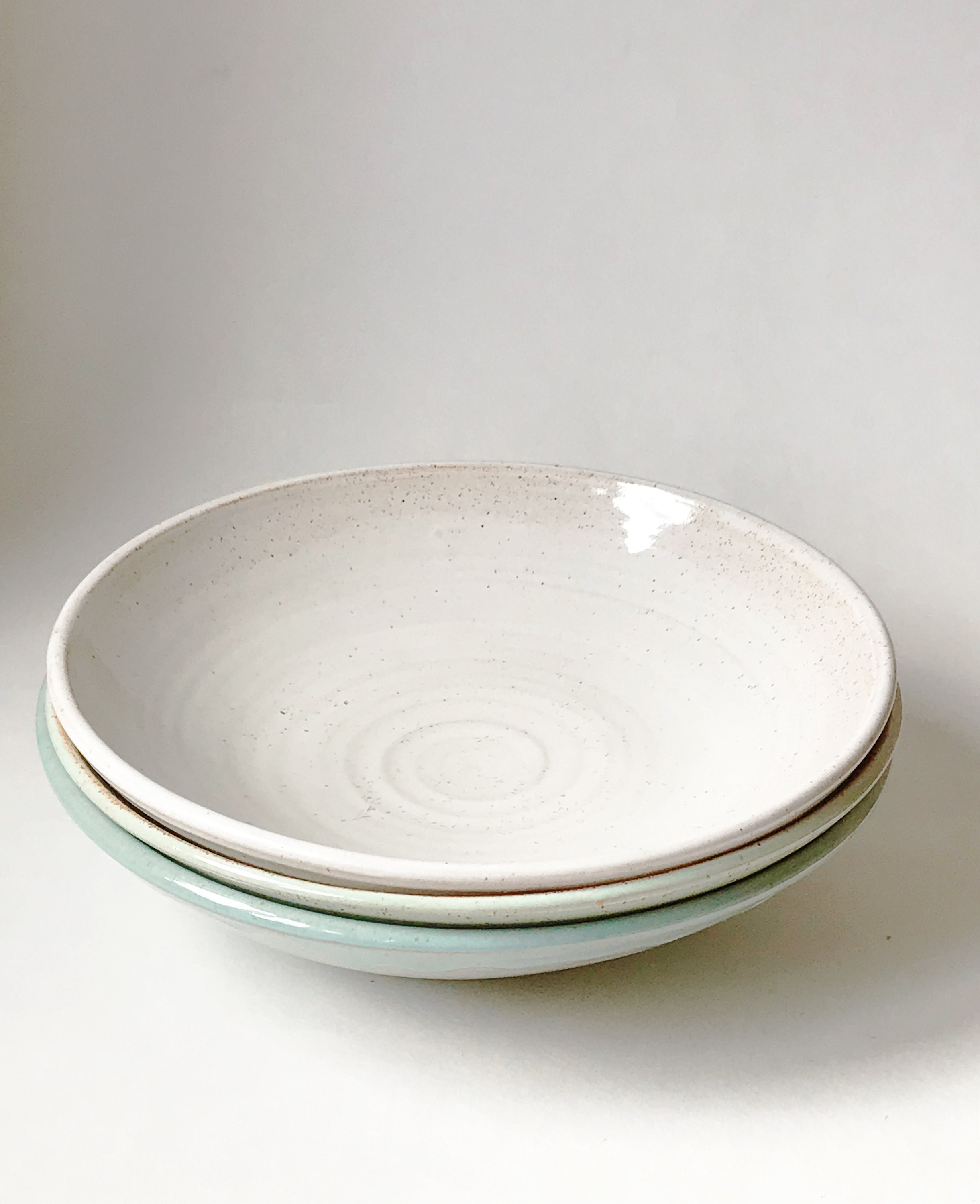 Bol de Pâtes en Céramique. Bol Grès Jeté à La Main. Menthe Mouchetée Verte, Turquoise, Blanc. Fabriq