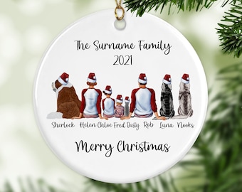 Christmas Ceramic Personalised Family Christmas Tree Ornament with Adults, Children plus Dog and Cats