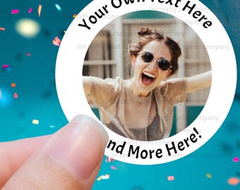 Personalised Photo Sticker Label Sheet of 24, 45mm, party gift bag labels, sweet cone sticker, own wording and image