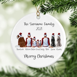 Christmas Ceramic Personalised Family Christmas Tree Ornament with Adults, Children plus Dog and Cats