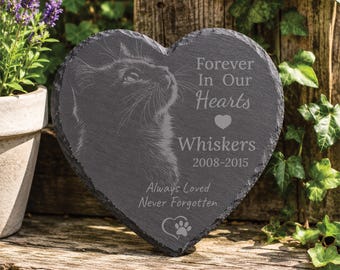 Cat Memorial Plaque Personalised Heart Shape Engraved Grave Slate Marker, Forever in our Hearts, Always Loved never forgotten