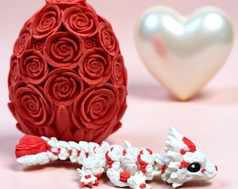3D Printed Baby Rose White Dragon in Egg-Fully Articulated Dragon in Rose Egg Gift