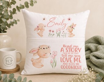 Personalised Reading Book Cushion – Rabbit Design | 40cm x 40cm | Perfect Easter Gift