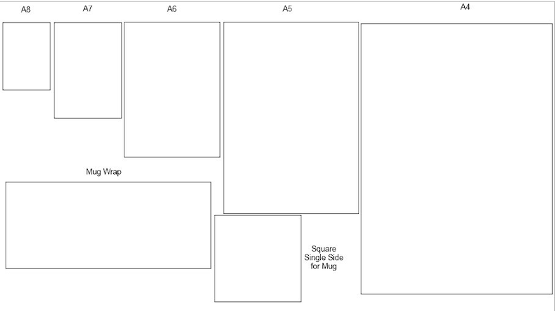 May include: A white diagram displaying various rectangular paper sizes labelled A8, A7, A6, A5, and A4, alongside a horizontal rectangle labelled Mug Wrap and a square rectangle labelled Square Single Side for Mug, all outlined in black lines.