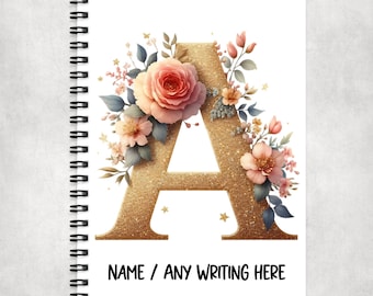 Personalised Gold Glitter Initial Flower Design A5 Spiral Bound Notebook, 60 Lined pages, Monogram, Gift for Her