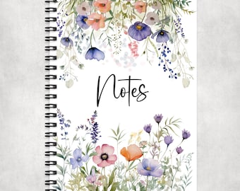 Watercolour Wildflower A5 Spiral Bound Notebook, 60 Lined pages, Flower Lover Gift