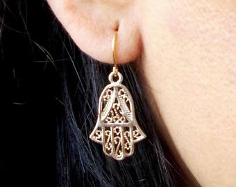 Small Gold or Silver Hamsa Earrings - Filigree Palm Hands Dangle Drop Earrings - Delicate Dainty Earrings - Evil Eye Earrings - Gift For Her