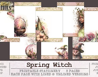 Spring Witch Stationery Witchy | Unlined and Lined Writing Paper JPG PDF | Digital Stationery Paper for Letter Writing | Journal Paper