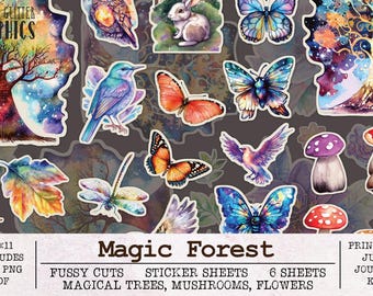 Magic Forest Fussy Cuts Printable Sticker Sheets | Junk Journal Kit JPG PNG PDF | Scrapbooking Ephemera Fantasy Nature Trees Animals