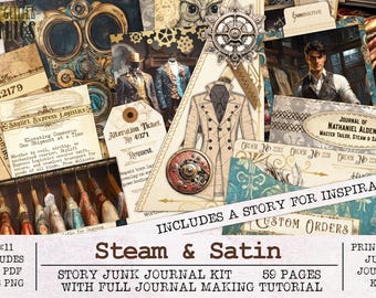 Steam & Satin Steampunk Junk Journal Kit | JPG PNG PDF Ephemera Pack + Video Tutorial | 59 Pages Digital Download with Story | Sewing Tailor