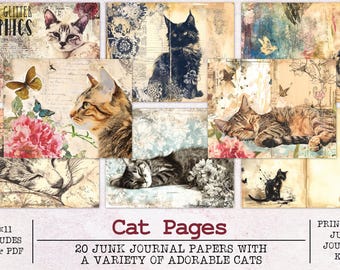 Puede incluir: Un collage de 20 papeles imprimibles para diario de chatarra con adorables gatos en varias poses. Los papeles están diseñados en un estilo vintage con un aspecto desgastado y envejecido. Los papeles son perfectos para agregar un toque de capricho a tus diarios de chatarra, álbumes de recortes y otras manualidades de papel.