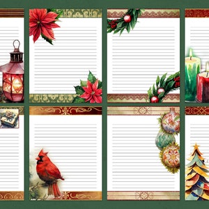 May include: Eight printable Christmas themed stationery sheets with lined paper. Each sheet features a different festive design, including a lantern, poinsettia, holly, candles, ornaments, a cardinal, and a Christmas tree.