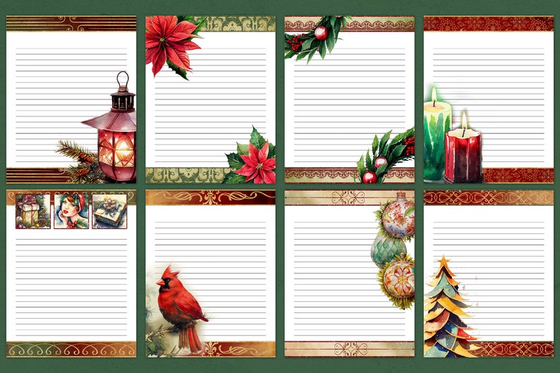 May include: Eight printable Christmas themed stationery sheets with lined paper. Each sheet features a different festive design, including a lantern, poinsettia, holly, candles, ornaments, a cardinal, and a Christmas tree.