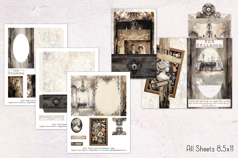 May include: A collection of vintage-style paper sheets with various designs. The sheets feature sepia-toned images of a ballroom, a couple, and floral arrangements. The text "THE BALLROOM" is visible on some sheets. All sheets measure 8.5x11 inches.