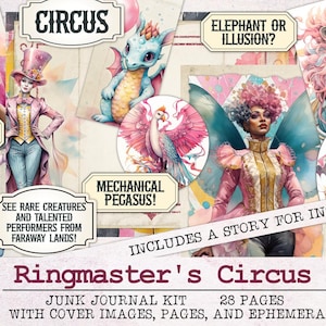 Circus-junkjournaalkit circusdirecteur | Ephemera-pakket voor ongewenste dagboeken | Afdrukbare dagboekpagina's | Digitale download Fantasy Drakenfee