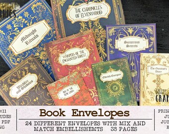 Book Envelopes Junk Journal Ephemera | Junk Journal Kit | Printable JPG + PNG + PDF | Three Sizes Fantasy, Occult / Witchy , Blank Labels