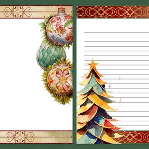 May include: A printable Christmas stationery set with a watercolor illustration of a Christmas tree and ornaments. The paper has a lined design for writing letters.
