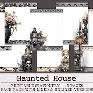 Briefpapier Spookhuis | Ongevoerd en gelinieerd briefpapier JPG PDF | Digitaal halloweenpapier om brieven te schrijven | Journaalpapier Spookachtig