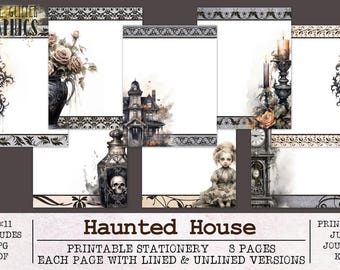 Spukhaus Briefpapier | Liniertes und liniertes Schreibpapier JPG PDF | Digitales Halloween Papier zum Schreiben von Briefen | Journal Papier Gruselig