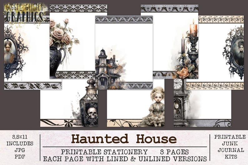 Hanuted Writing Paper Haunted House Stationery | Unlined and Lined Writing Paper JPG PDF ...