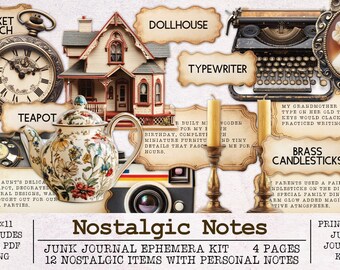 Hoja de pegatinas imprimibles con recortes de notas nostálgicas / Kit de diario basura vintage / JPG + PNG + PDF imprimible /