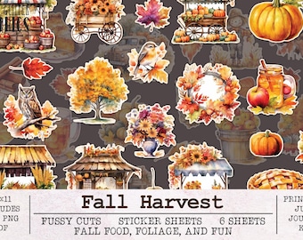 Fall Harvest Fussy Cuts Printable Sticker Sheets | Junk Journal Kit JPG PNG PDF | Scrapbooking Ephemera Summer Autumn Farm Apple Pumpkin
