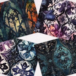Op de afbeelding: Vier digitale papierontwerpen met ingewikkelde aquarelpatronen in tinten blauw, paars en goud. De ontwerpen bevatten bloemmotieven en geometrische vormen.