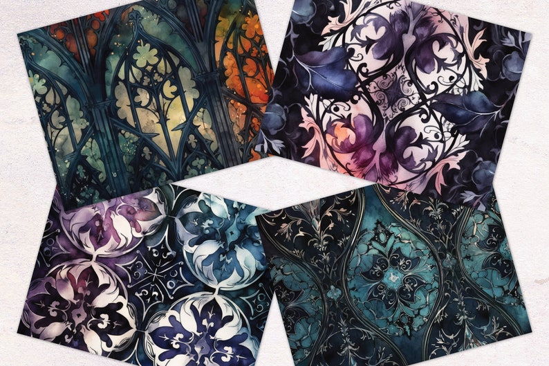 Op de afbeelding: Vier digitale papierontwerpen met ingewikkelde aquarelpatronen in tinten blauw, paars en goud. De ontwerpen bevatten bloemmotieven en geometrische vormen.