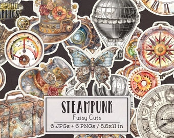 Steampunk Fussy Cuts Printable Sticker Sheets | Junk Journal Kit | Gears Clocks Hot Air Balloons Goggles Butterflies