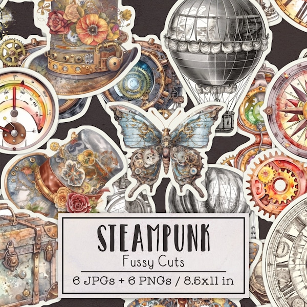 Steampunk Fussy Cuts Printable Sticker Sheets | Junk Journal Kit | Gears Clocks Hot Air Balloons Goggles Butterflies