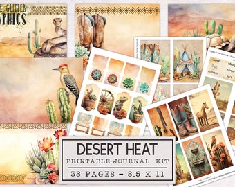 May include: A printable journal kit with a desert theme. The kit includes 38 pages, each measuring 8.5 by 11 inches. The pages feature illustrations of cacti, snakes, boots, and other desert imagery. The kit is titled "Desert Heat Printable Journal Kit".