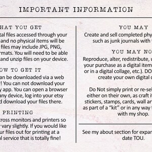 May include: A digital download information sheet with the title "Important Information" and details about what is included in the purchase, how to access the files, and what is allowed and not allowed with the digital files.