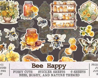 Bee Happy Fussy Cuts Printable Sticker Sheets | Junk Journal Kit JPG PNG PDF | Scrapbooking Ephemera Summer Honey Bees Green
