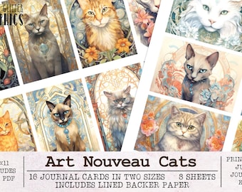 Art Nouveau Cats Journaling Cards for Junk Journals | Pet Junk Journal Kit JPG PDF | Printable Journal Digital Download Animal