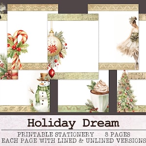 Artykuły papiernicze na Boże Narodzenie Holiday Dream | Papier do pisania bez linii i w linie JPG PDF | Cyfrowy papier do pisania listów | Papier do dziennika