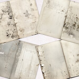 May include: Four open vintage books with pages that are worn and have a distressed look. The pages have faded ink and some have drawings of butterflies and flowers.