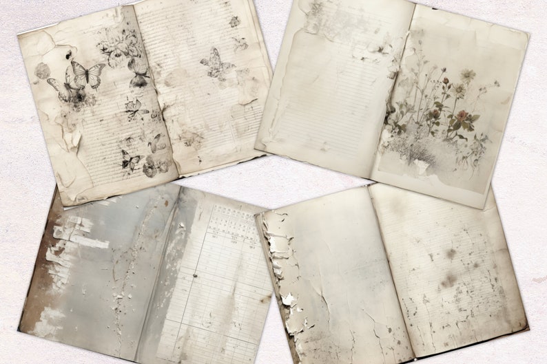 May include: Four open vintage books with pages that are worn and have a distressed look. The pages have faded ink and some have drawings of butterflies and flowers.