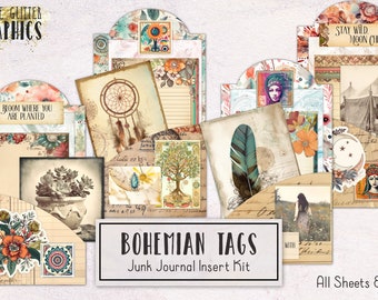 Bohemian Tags Boho Junk Journal Kit | Beginner Junk Journal Ephemera Pack with Video Tutorial | Printable Journal Digital Download