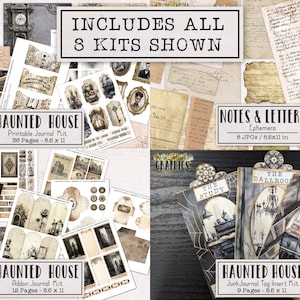 May include: A digital collage kit for scrapbooking and junk journaling with a haunted house theme. The kit includes 36 printable journal pages, 12 addon journal pages, 9 junk journal tag insert pages, and 8 notes and letters ephemera pages. All pages are 21.6 cm by 27.9 cm.