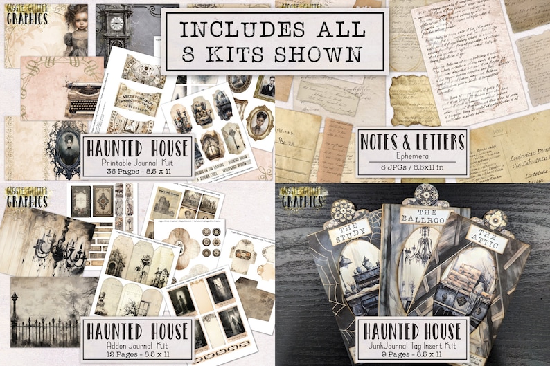 May include: A digital collage kit for scrapbooking and junk journaling with a haunted house theme. The kit includes 36 printable journal pages, 12 addon journal pages, 9 junk journal tag insert pages, and 8 notes and letters ephemera pages. All pages are 21.6 cm by 27.9 cm.