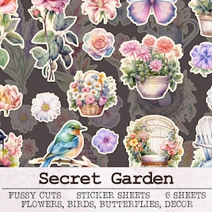 Secret Garden Fussy Schnitte Sticker Sheets | Floral Junk Journal Kit JPG PNG PDF | Scrapbooking Ephemera Blumen Pflanzen Schmetterlinge
