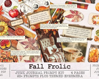 Podpowiedzi do dziennika Fall Frolic | Zestaw do prowadzenia dziennika i kreatywnego pisania | Zestaw do dziennika Junk | Do wydrukowania w formacie JPG + PNG + PDF | Ponad 20 podpowiedzi z materiałami ulotnymi