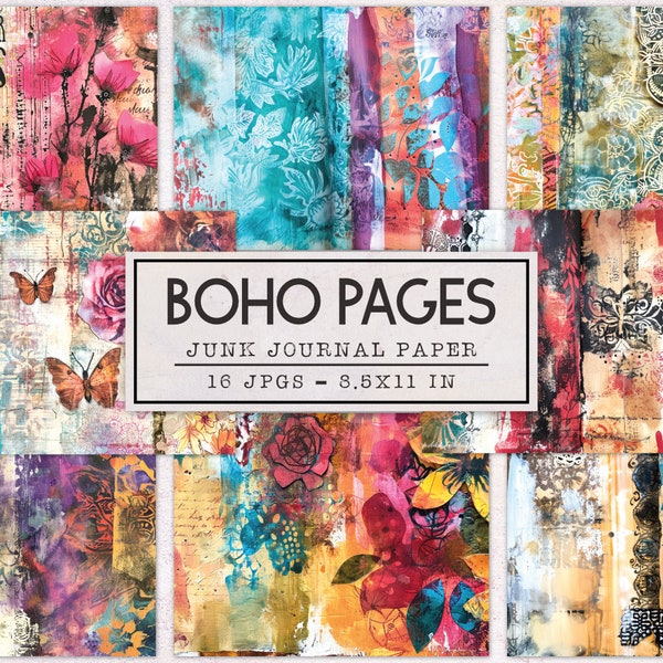 Boho Junk Journal Papier | Junk Journal Kit | Druckbare Journal Seiten | Digitales Papier Ephemera | Beunruhigt Collage Boho