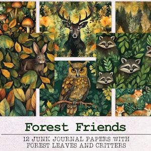 Forest Friends Junk Journal Papier | Junk Journal Kit JPG und PDF | Druckbare Journal Seiten | Digitales Papier Ephemera | Bäume Tiere Natur