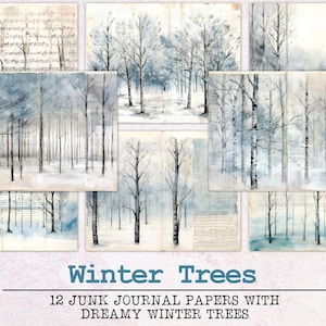Winter Junk Journal Papier | Verschneite Bäume Junk Journal Kit JPG und PDF | Druckbare Journal Seiten | Digitales Papier Ephemera | Schnee Weihnachten