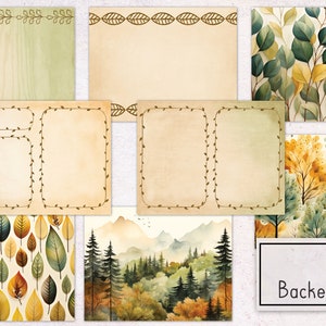 May include: Eight printable digital paper backgrounds featuring autumnal themes. The papers include a woodgrain pattern, a leafy pattern, a mountain scene, and several blank pages with decorative borders.